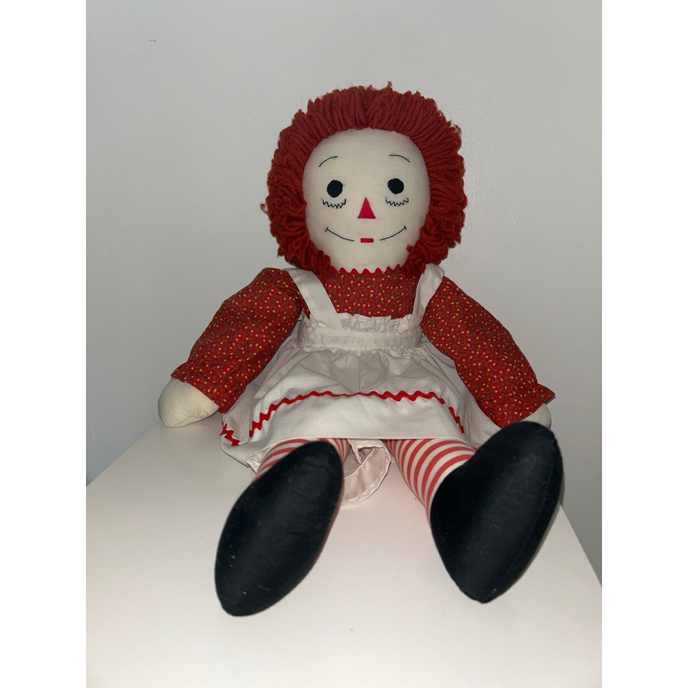 Vintage Raggedy Ann 25 Inch Plush Rag Doll Red Yarn Hair Floral Dress Pinafore